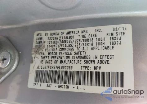2015 Honda Crosstour Ex-L V6 from USA, damaged, VIN 5J6TF2H57FL003390